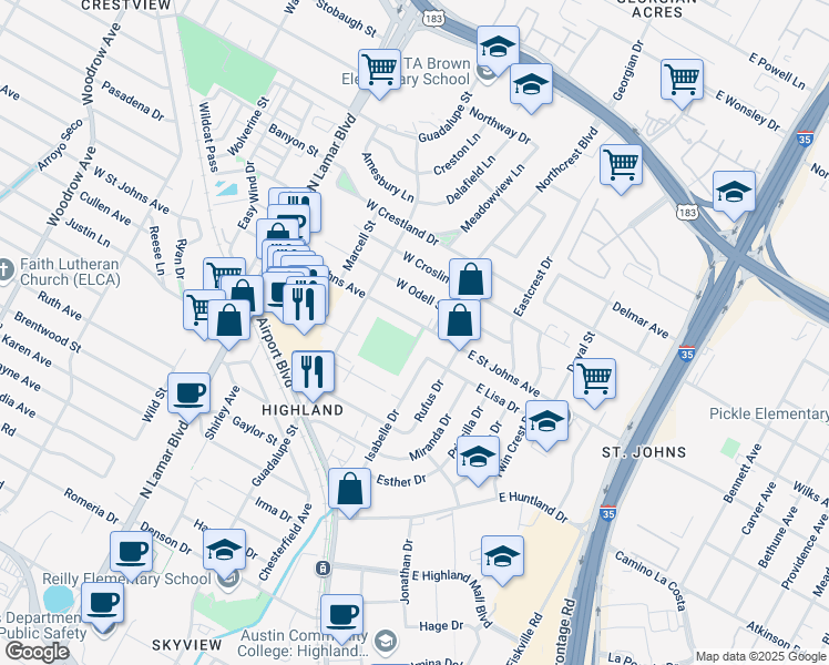 map of restaurants, bars, coffee shops, grocery stores, and more near 401 West Saint Johns Avenue in Austin