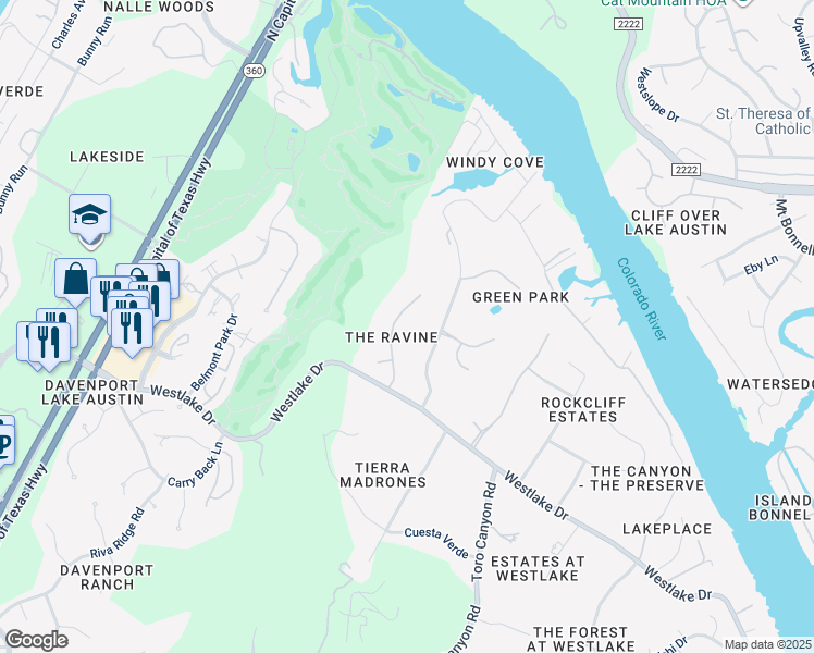 map of restaurants, bars, coffee shops, grocery stores, and more near 4201 Ravine Ridge Trail in Austin