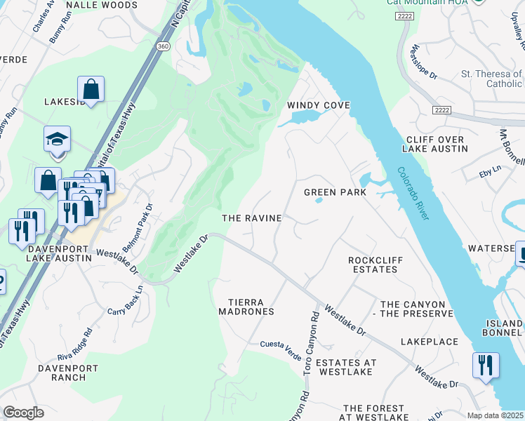 map of restaurants, bars, coffee shops, grocery stores, and more near 4201 Ravine Ridge Trail in Austin
