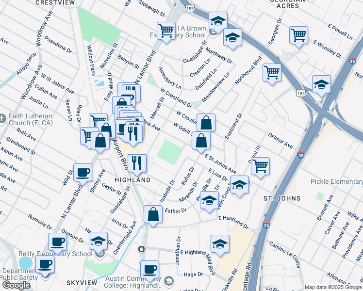map of restaurants, bars, coffee shops, grocery stores, and more near 401 West Saint Johns Avenue in Austin