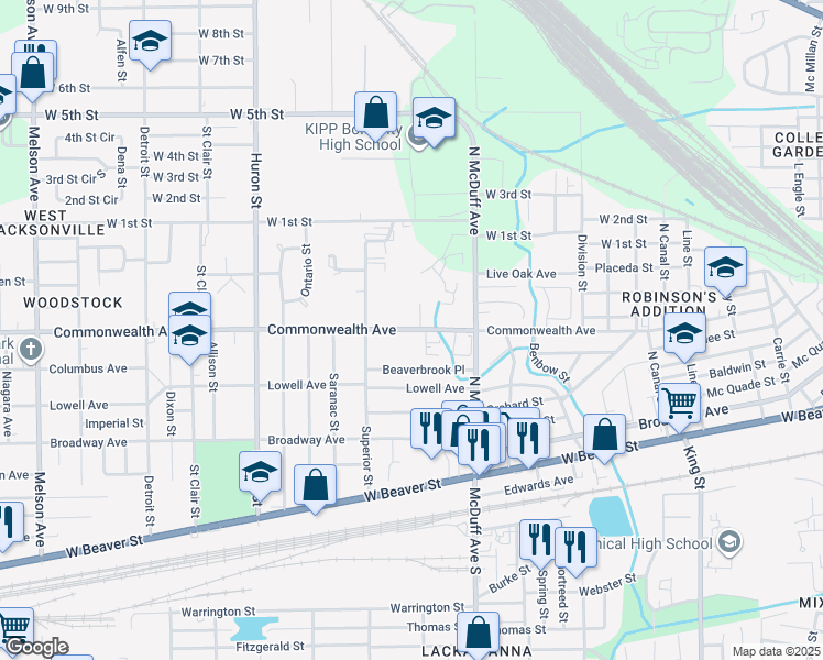 map of restaurants, bars, coffee shops, grocery stores, and more near 2578 Commonwealth Avenue in Jacksonville