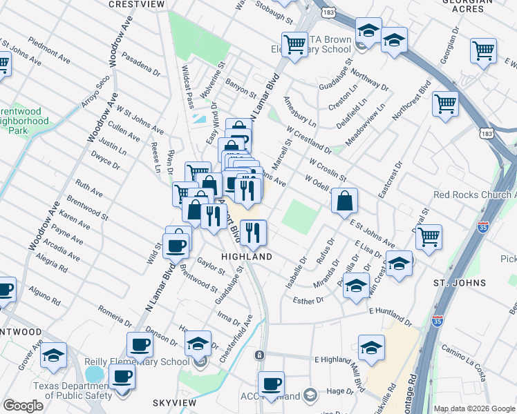 map of restaurants, bars, coffee shops, grocery stores, and more near 7000 Guadalupe Street in Austin