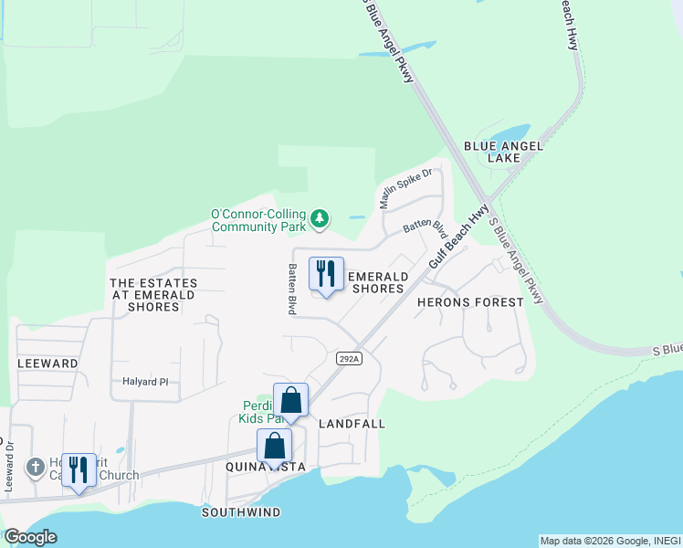 map of restaurants, bars, coffee shops, grocery stores, and more near 329 Mizzen Lane in Pensacola