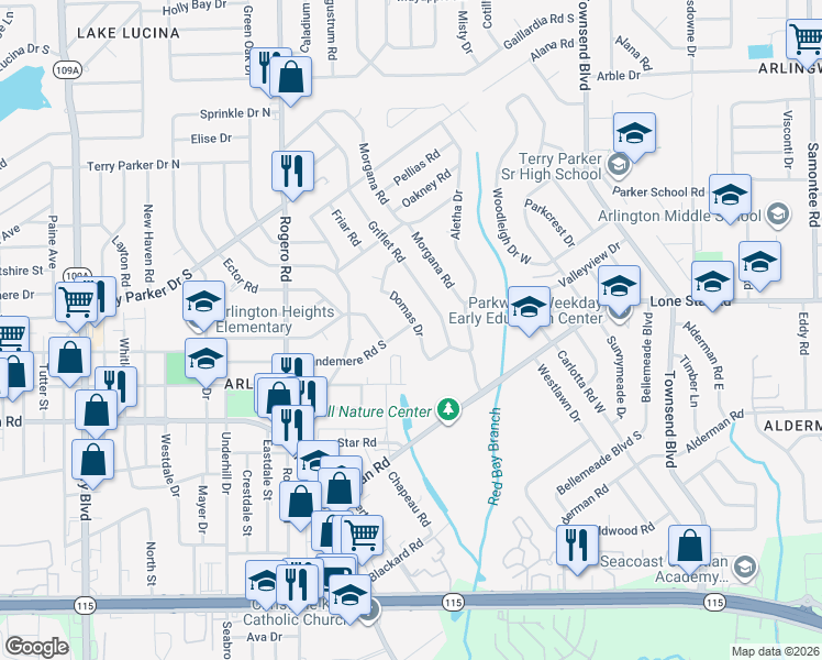 map of restaurants, bars, coffee shops, grocery stores, and more near 1323 Domas Drive in Jacksonville