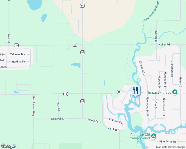 map of restaurants, bars, coffee shops, grocery stores, and more near 7716 County Road 65 in Foley