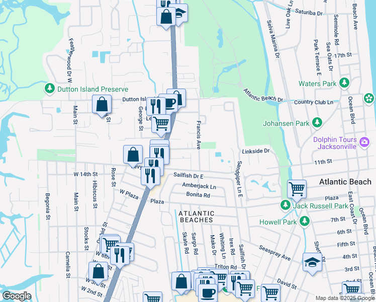 map of restaurants, bars, coffee shops, grocery stores, and more near 130 Jackson Road in Atlantic Beach