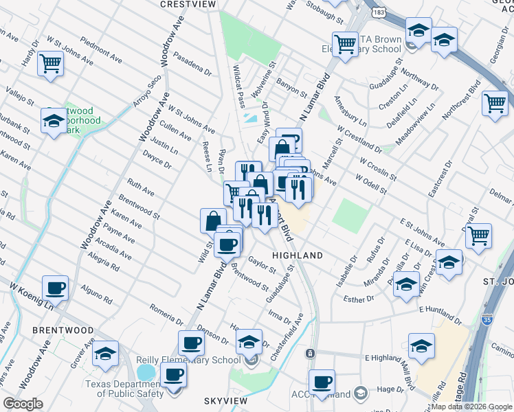 map of restaurants, bars, coffee shops, grocery stores, and more near N Lamar Blvd & Justin Ln in Austin