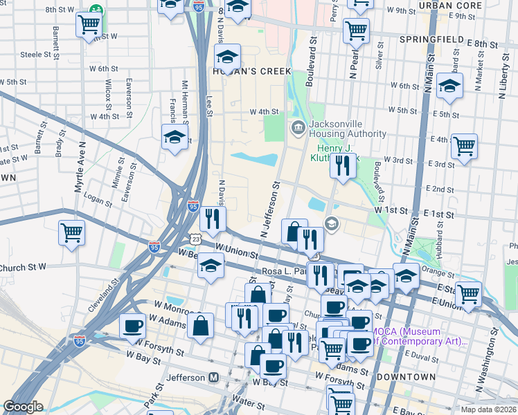 map of restaurants, bars, coffee shops, grocery stores, and more near 980 North Jefferson Street in Jacksonville