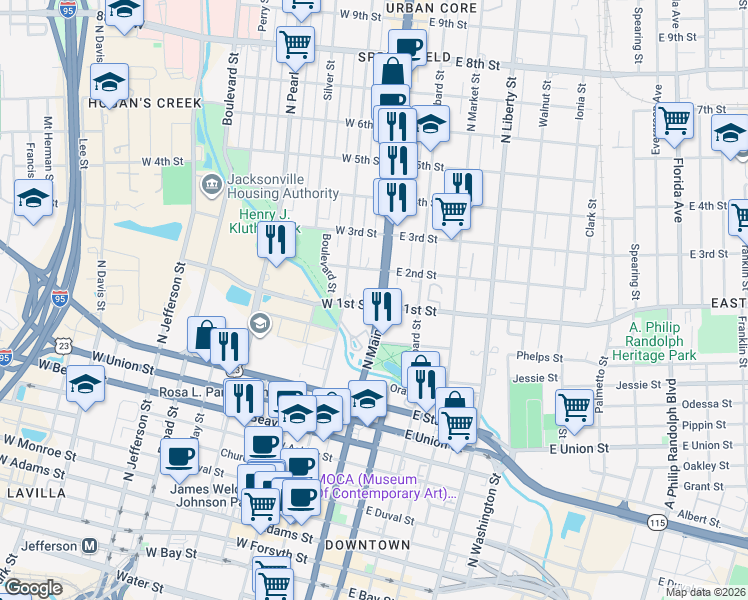map of restaurants, bars, coffee shops, grocery stores, and more near 1002 U.S. 17 in Jacksonville
