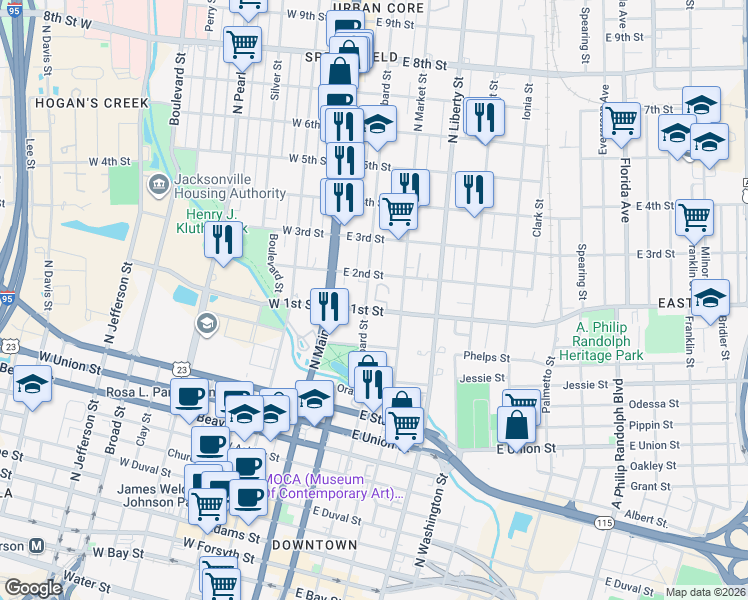 map of restaurants, bars, coffee shops, grocery stores, and more near 150 East 1st Street in Jacksonville