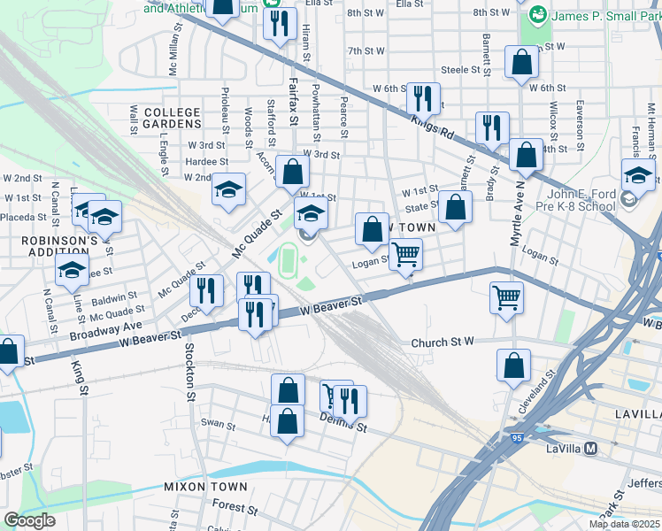 map of restaurants, bars, coffee shops, grocery stores, and more near 1737 Logan Street West in Jacksonville