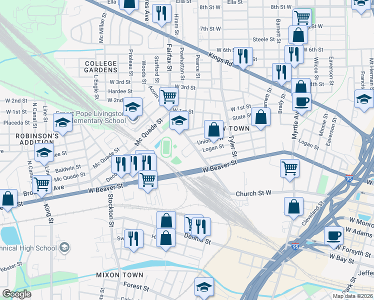 map of restaurants, bars, coffee shops, grocery stores, and more near 1737 Logan Street in Jacksonville