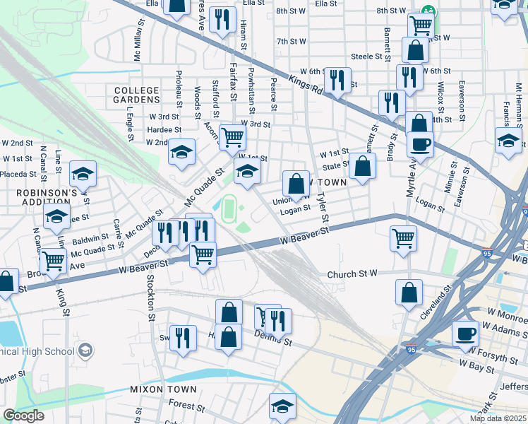 map of restaurants, bars, coffee shops, grocery stores, and more near 1737 Logan Street in Jacksonville