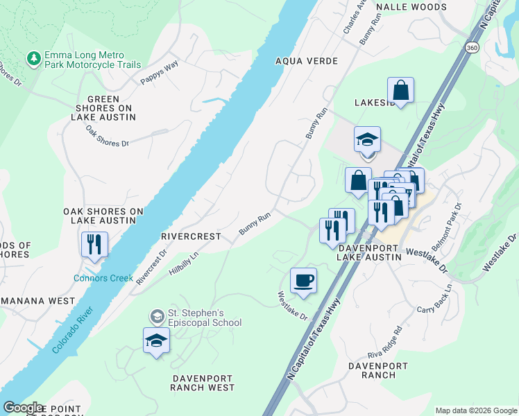 map of restaurants, bars, coffee shops, grocery stores, and more near 3516 Bunny Run in Austin