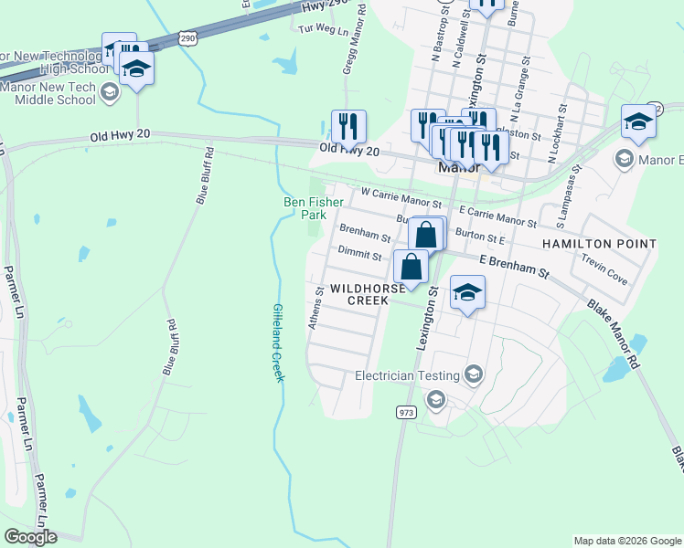map of restaurants, bars, coffee shops, grocery stores, and more near 11501 Lapoynor Street in Manor
