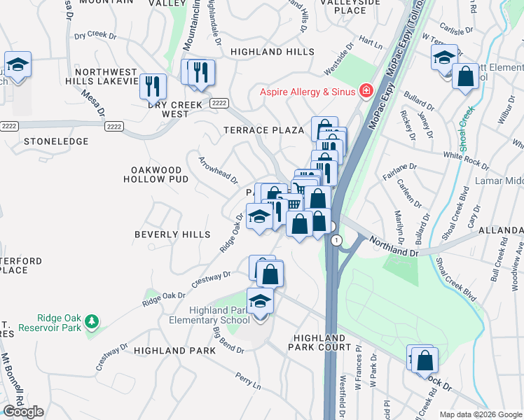 map of restaurants, bars, coffee shops, grocery stores, and more near 5330 Balcones Drive in Austin