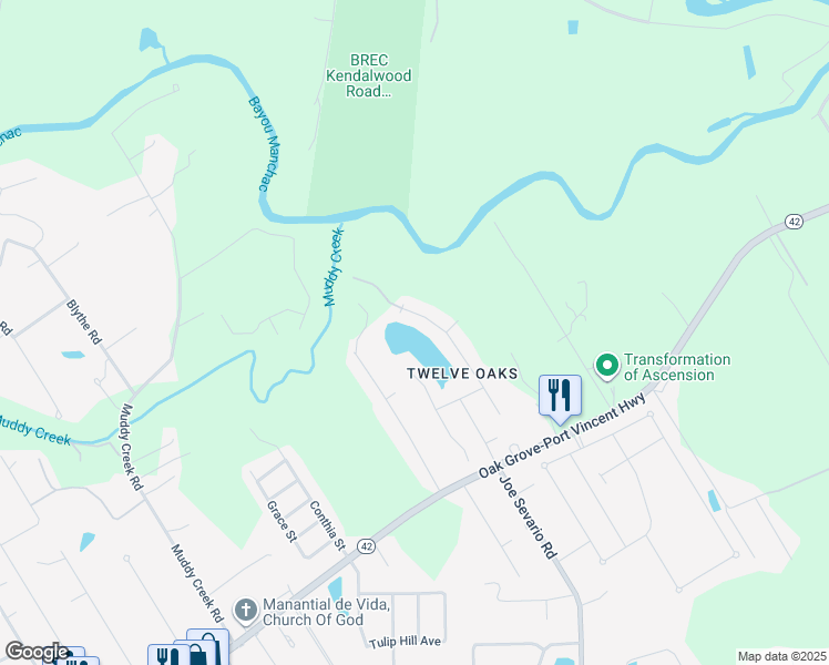 map of restaurants, bars, coffee shops, grocery stores, and more near 18144 Manning Drive in Prairieville