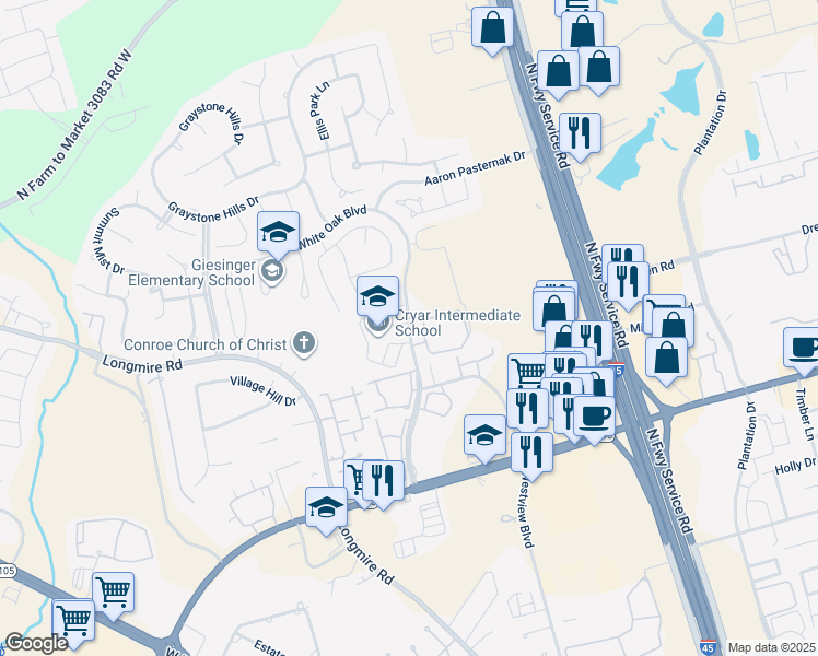 map of restaurants, bars, coffee shops, grocery stores, and more near 2341 Montgomery Park Boulevard in Conroe