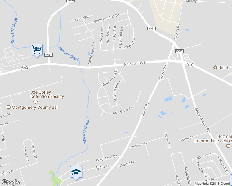 map of restaurants, bars, coffee shops, grocery stores, and more near 2038 Midlane Drive in Conroe