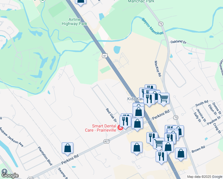 map of restaurants, bars, coffee shops, grocery stores, and more near 18584 Perkins Oak Road in Prairieville