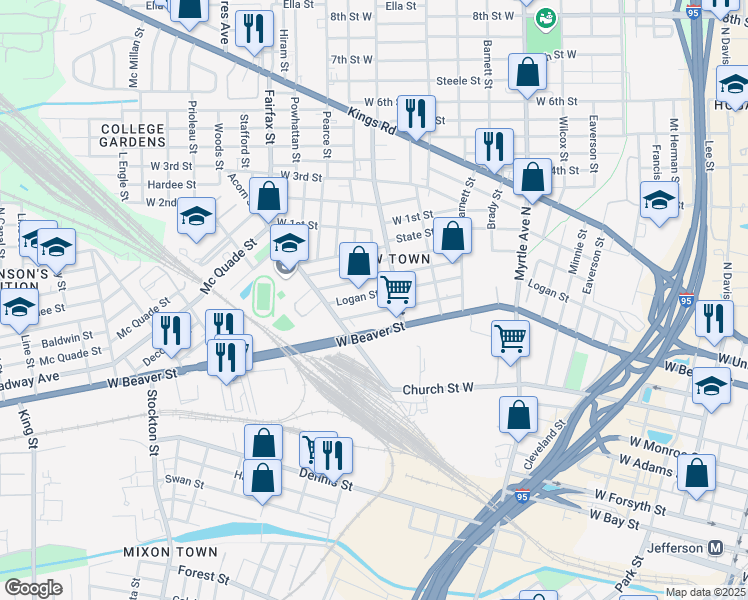 map of restaurants, bars, coffee shops, grocery stores, and more near 1538 Logan Street in Jacksonville