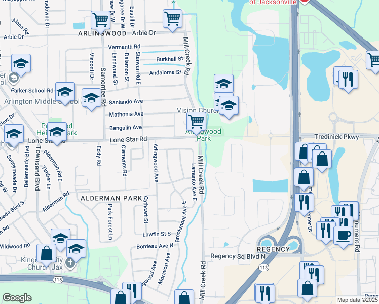 map of restaurants, bars, coffee shops, grocery stores, and more near 8588 Lamanto Avenue North in Jacksonville