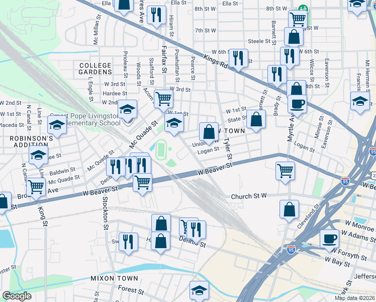map of restaurants, bars, coffee shops, grocery stores, and more near 1645 Union Street West in Jacksonville