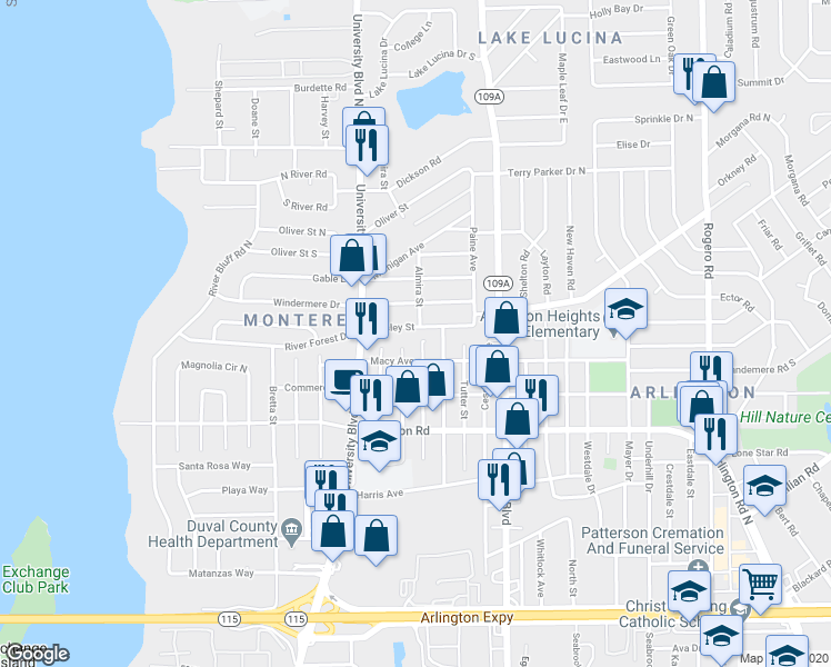 map of restaurants, bars, coffee shops, grocery stores, and more near 1619 Almira Street in Jacksonville