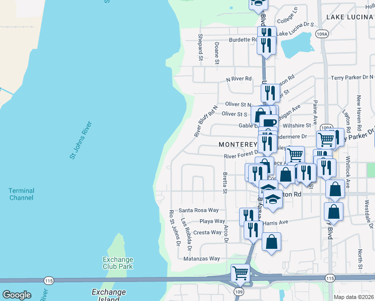 map of restaurants, bars, coffee shops, grocery stores, and more near 1631 River Bluff Road North in Jacksonville
