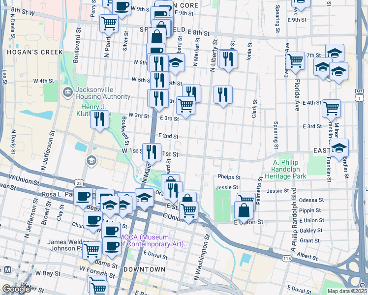 map of restaurants, bars, coffee shops, grocery stores, and more near 130 East 2nd Street in Jacksonville