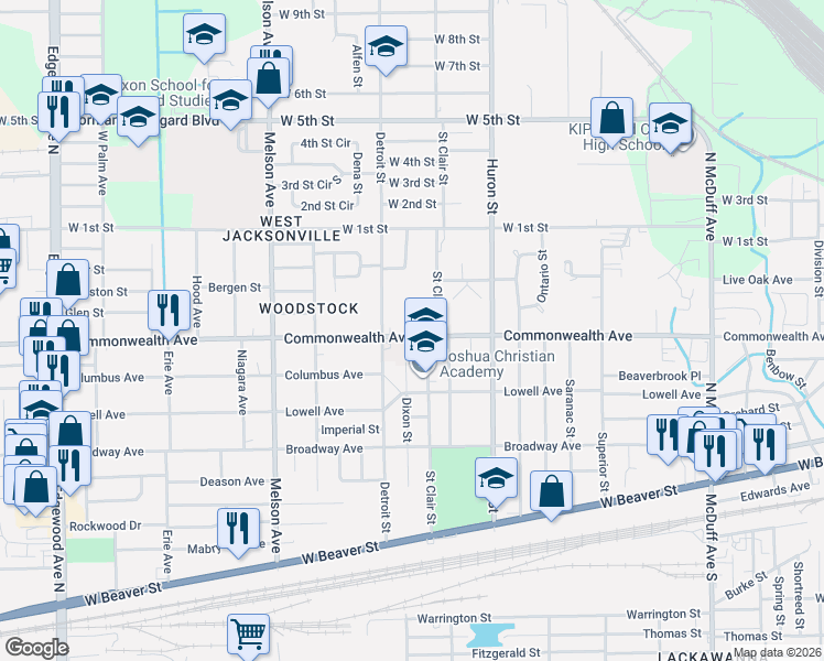 map of restaurants, bars, coffee shops, grocery stores, and more near 1030 Saint Clair Terrace in Jacksonville