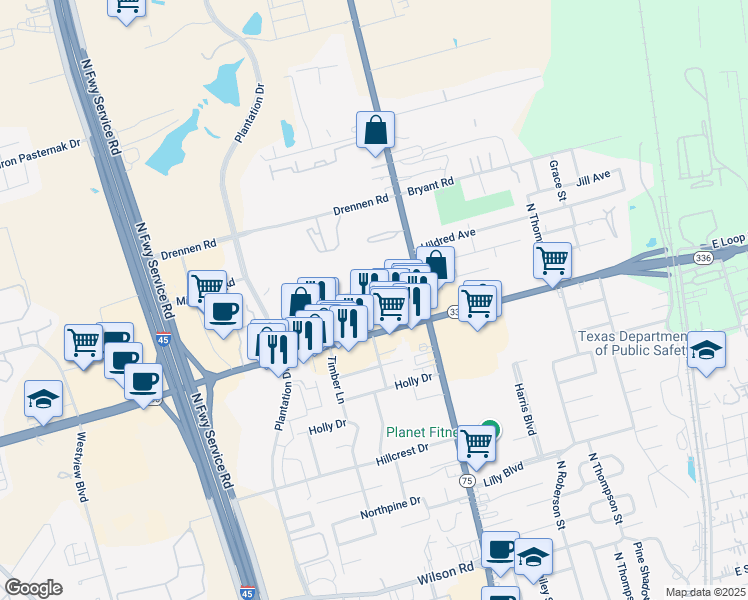 map of restaurants, bars, coffee shops, grocery stores, and more near 2213 North Frazier Street in Conroe