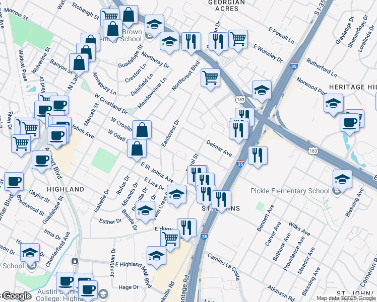 map of restaurants, bars, coffee shops, grocery stores, and more near 306 Blackson Avenue in Austin