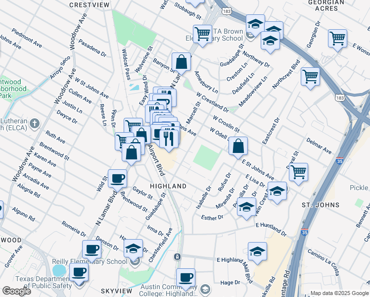 map of restaurants, bars, coffee shops, grocery stores, and more near 610 Kawnee Drive in Austin