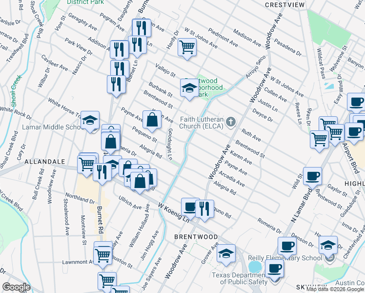 map of restaurants, bars, coffee shops, grocery stores, and more near 6506 Arroyo Seco in Austin