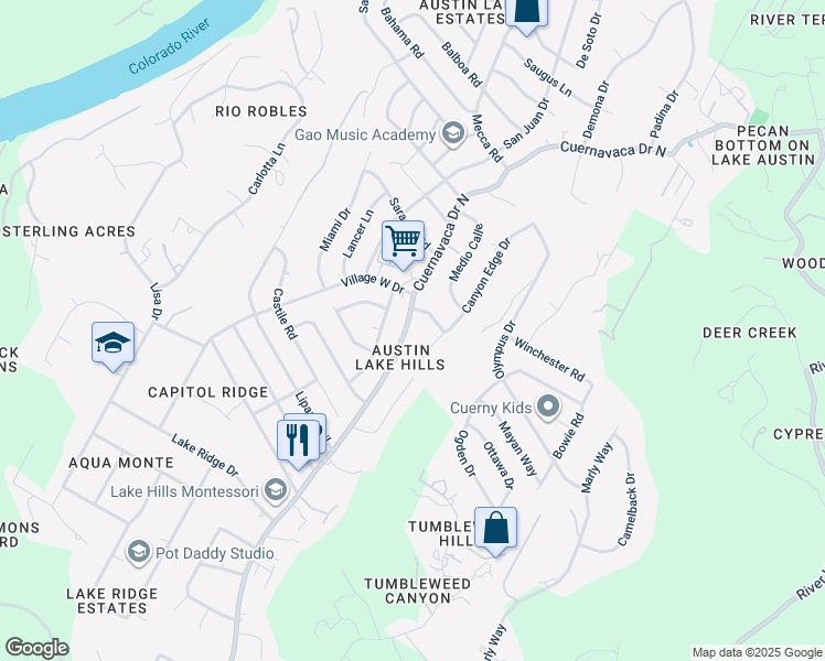 map of restaurants, bars, coffee shops, grocery stores, and more near 9706 Delgado Way in Austin