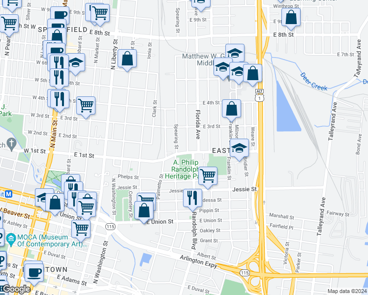map of restaurants, bars, coffee shops, grocery stores, and more near 1116 Evergreen Avenue in Jacksonville