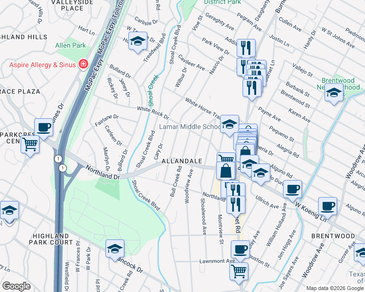 map of restaurants, bars, coffee shops, grocery stores, and more near 6004 Bull Creek Road in Austin