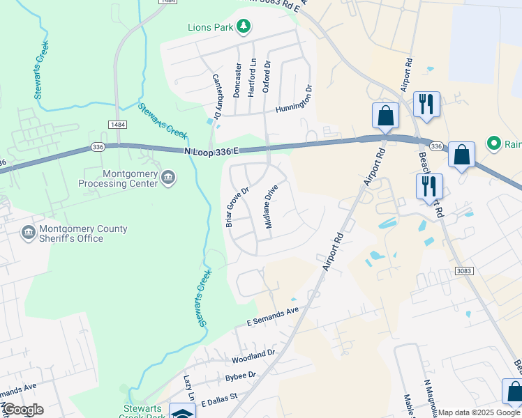 map of restaurants, bars, coffee shops, grocery stores, and more near 2043 Midlane Drive in Conroe