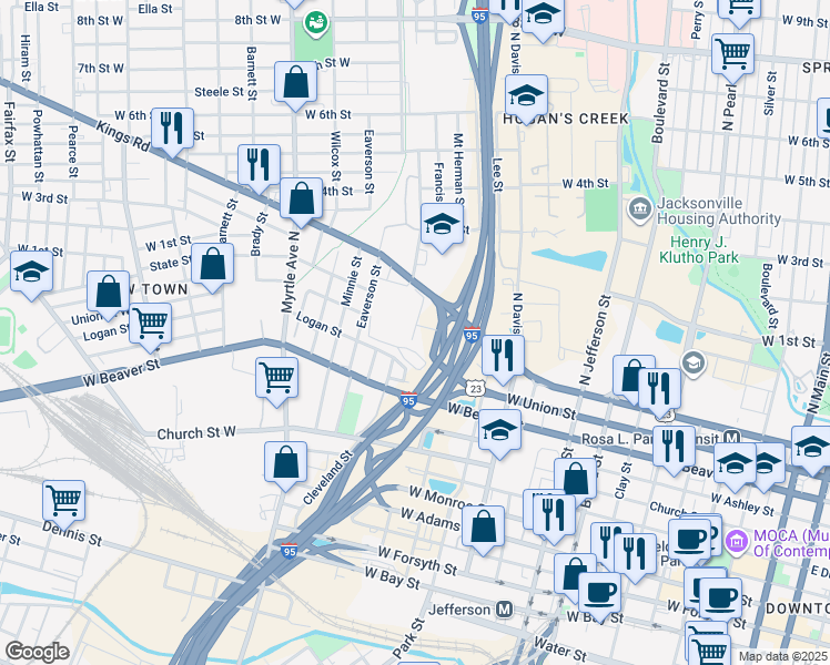 map of restaurants, bars, coffee shops, grocery stores, and more near in Jacksonville