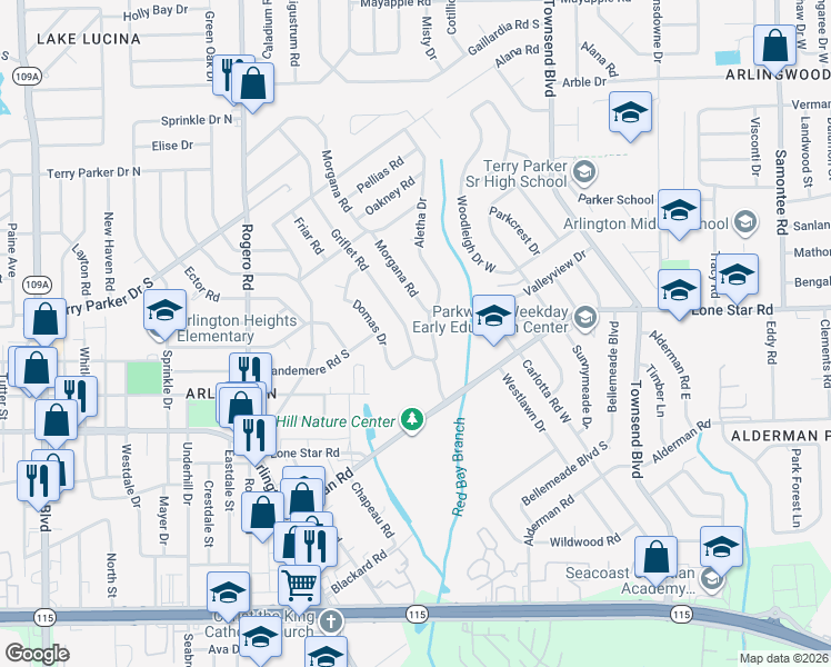 map of restaurants, bars, coffee shops, grocery stores, and more near 1363 Morgana Road in Jacksonville