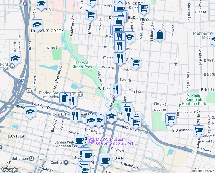 map of restaurants, bars, coffee shops, grocery stores, and more near 1148 North Main Street in Jacksonville