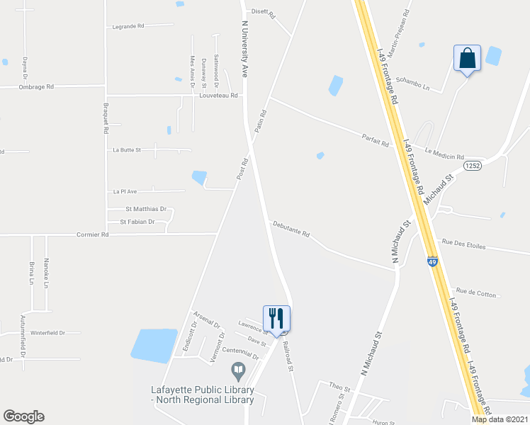 map of restaurants, bars, coffee shops, grocery stores, and more near 5600 North University Avenue in Carencro