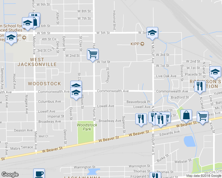 map of restaurants, bars, coffee shops, grocery stores, and more near 2695 Commonwealth Avenue in Jacksonville