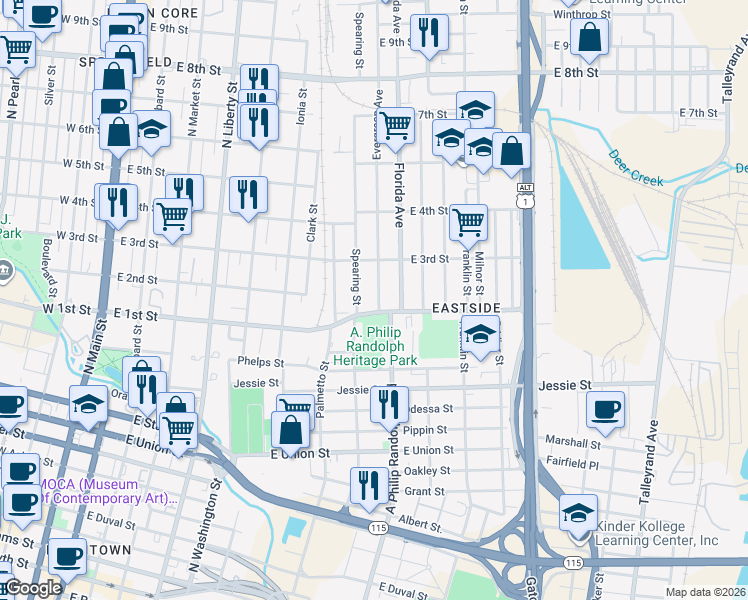 map of restaurants, bars, coffee shops, grocery stores, and more near 1120 Evergreen Avenue in Jacksonville