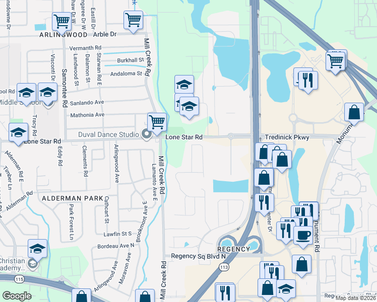 map of restaurants, bars, coffee shops, grocery stores, and more near 1488 Aspenwood Drive in Jacksonville