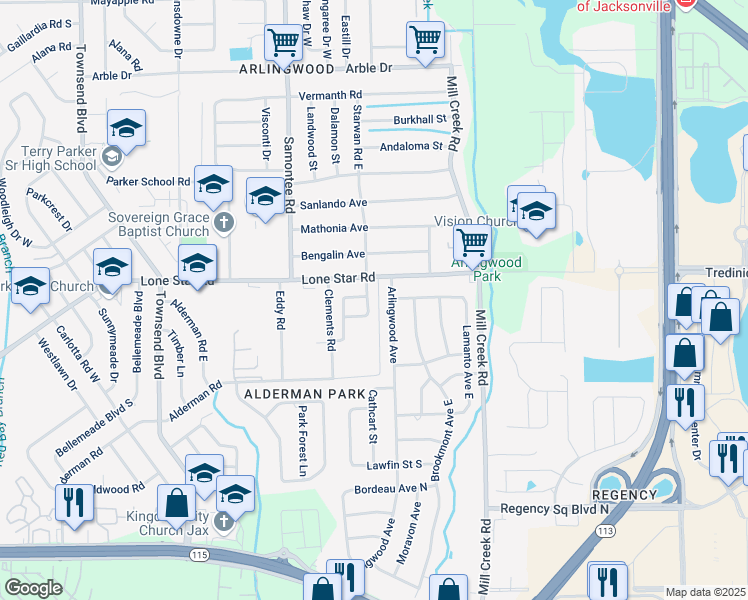 map of restaurants, bars, coffee shops, grocery stores, and more near 8412 Lone Star Road in Jacksonville