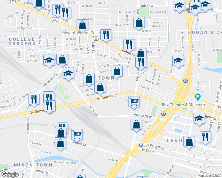 map of restaurants, bars, coffee shops, grocery stores, and more near 803 Rushing Street in Jacksonville