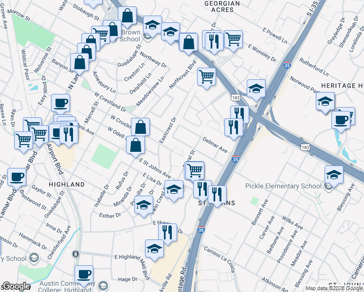 map of restaurants, bars, coffee shops, grocery stores, and more near 306 Blackson Avenue in Austin