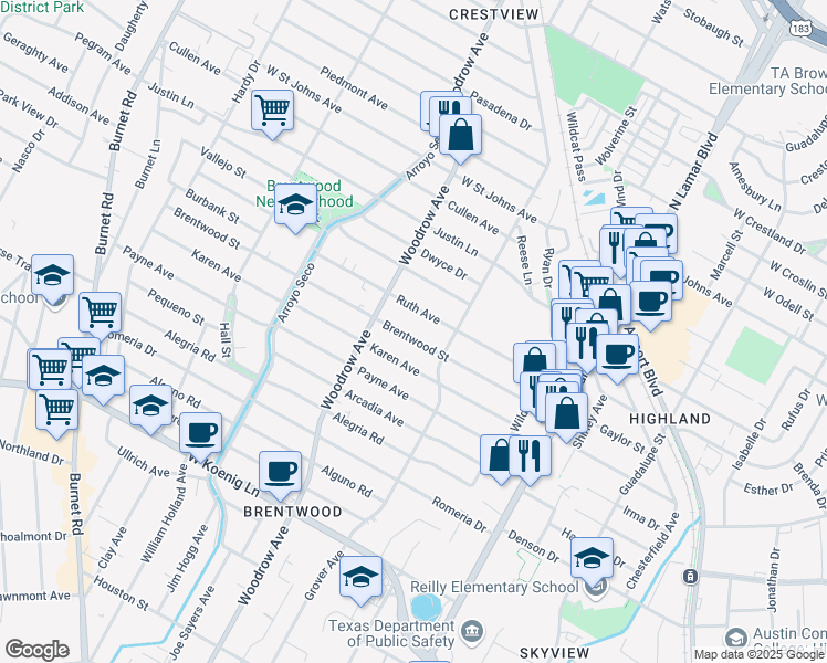 map of restaurants, bars, coffee shops, grocery stores, and more near 1213 Ruth Avenue in Austin